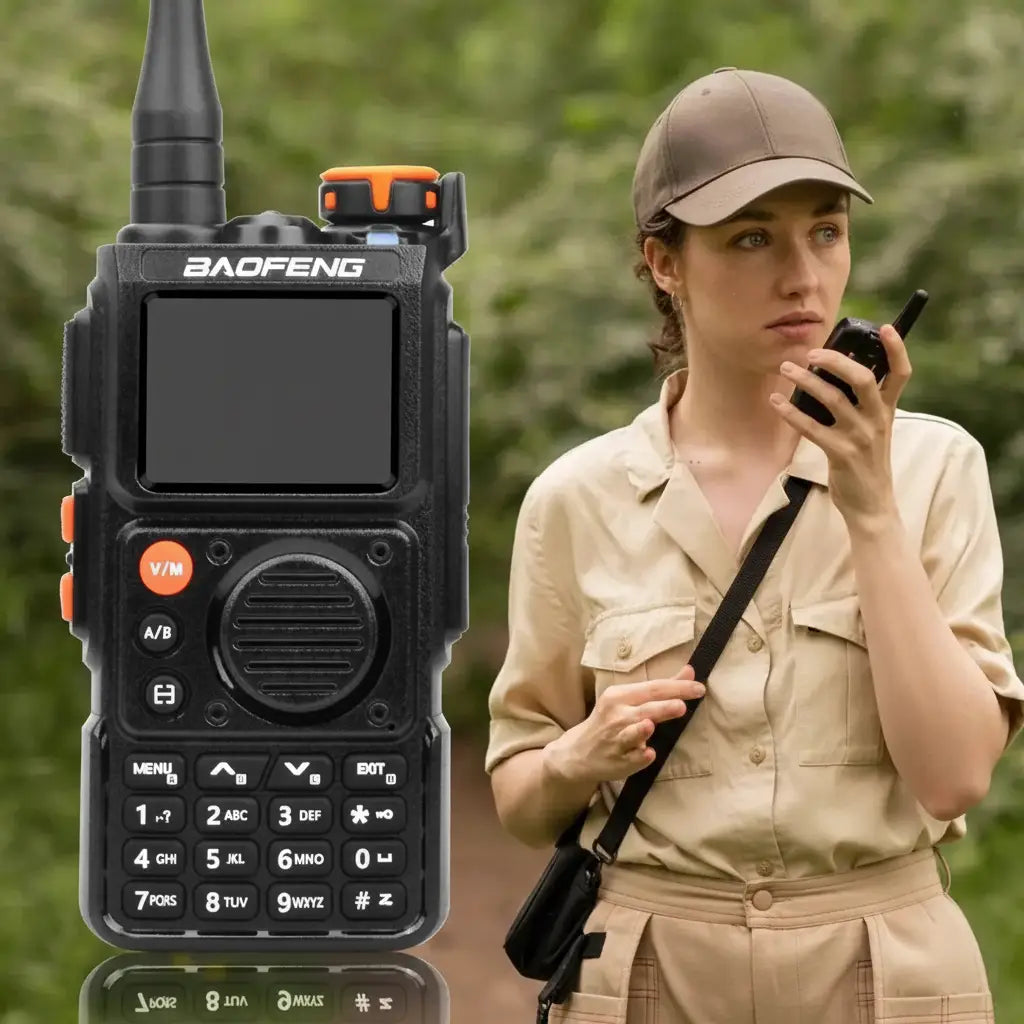 Baofeng K6 walkie talkie in black, ideal for outdoor communication