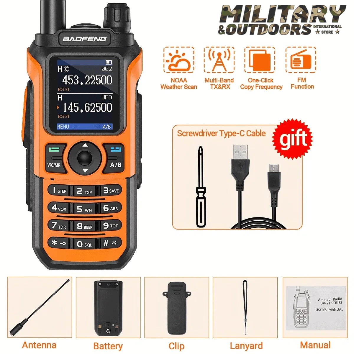 Baofeng UV-21 PRO V2 Walkie Talkies with Antenna, Battery, Clip, Lanyard, and Manual for outdoor communication