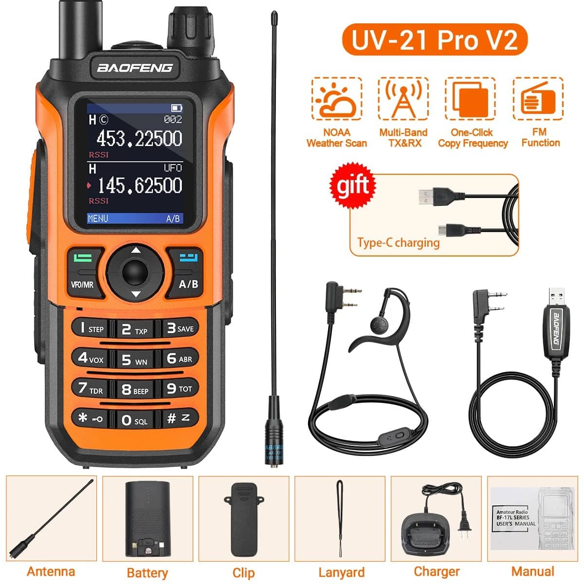 Baofeng UV-21 PRO V2 Walkie Talkies with antenna, battery, charger, and accessories for outdoor communications