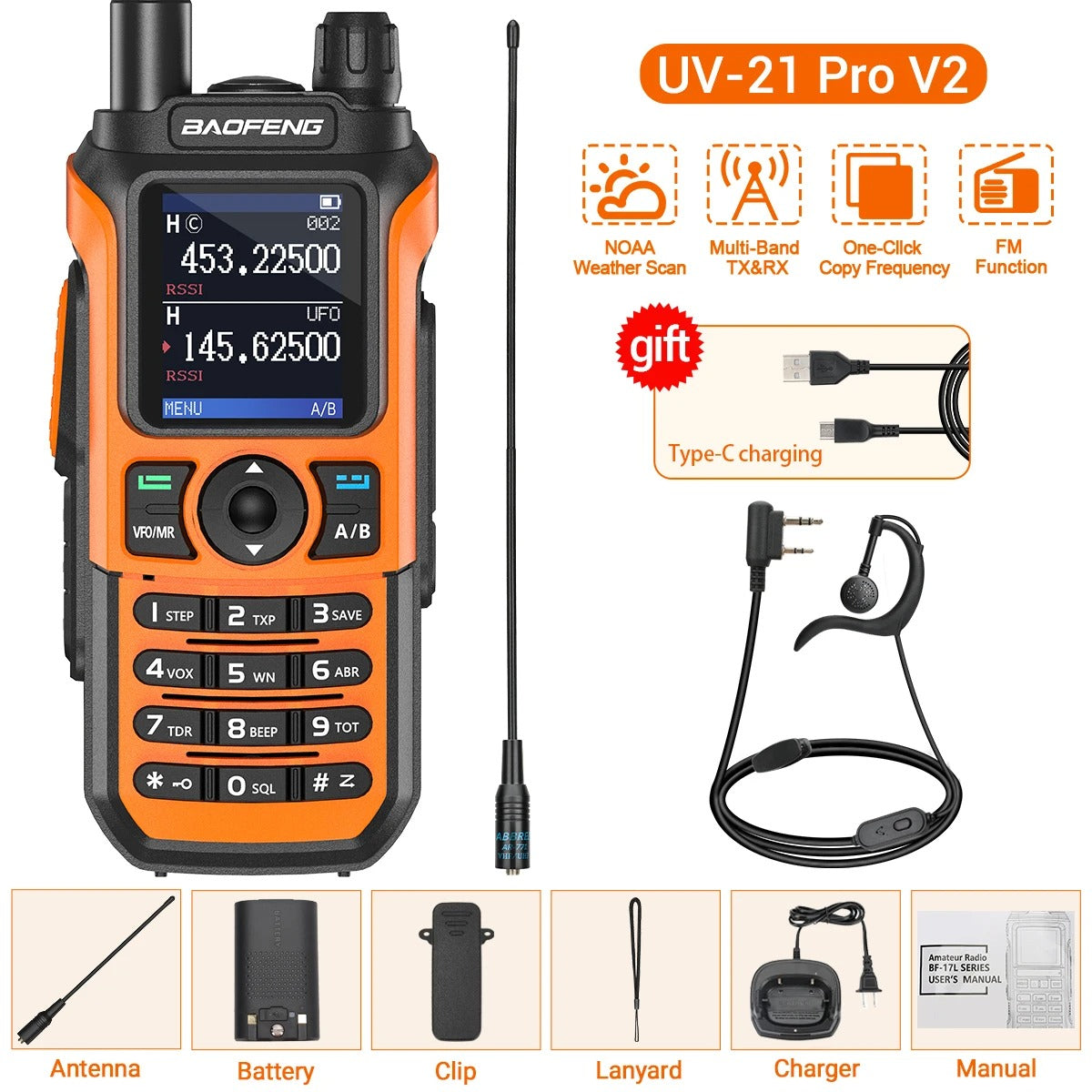 Baofeng UV-21 PRO V2 Walkie Talkies with antenna, battery, charger, and accessories for reliable communication