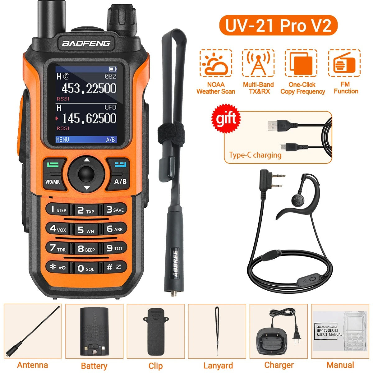 Baofeng UV-21 PRO V2 Walkie Talkies with antenna, battery, and Type-C charging feature
