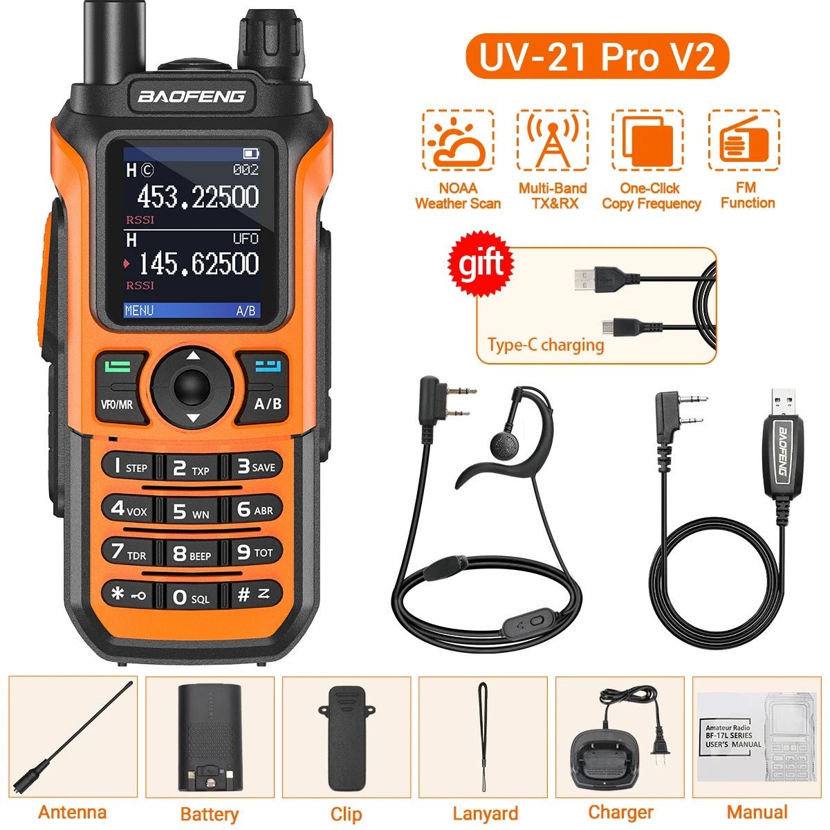 Baofeng UV-21 PRO V2 Walkie Talkies with NOAA Weather Scan and Type-C Charging Accessories