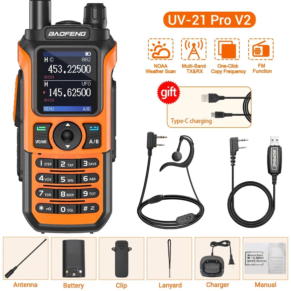 Baofeng UV-21 PRO V2 Walkie Talkies with NOAA Weather Scan and Type-C Charging Accessories