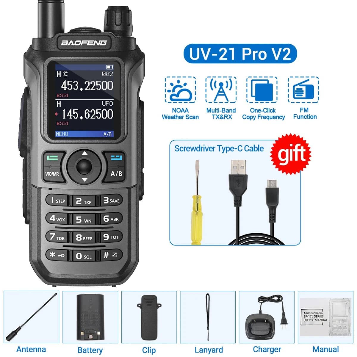 Baofeng UV-21 PRO V2 Walkie Talkies with NOAA Weather Scan and rechargeable battery included