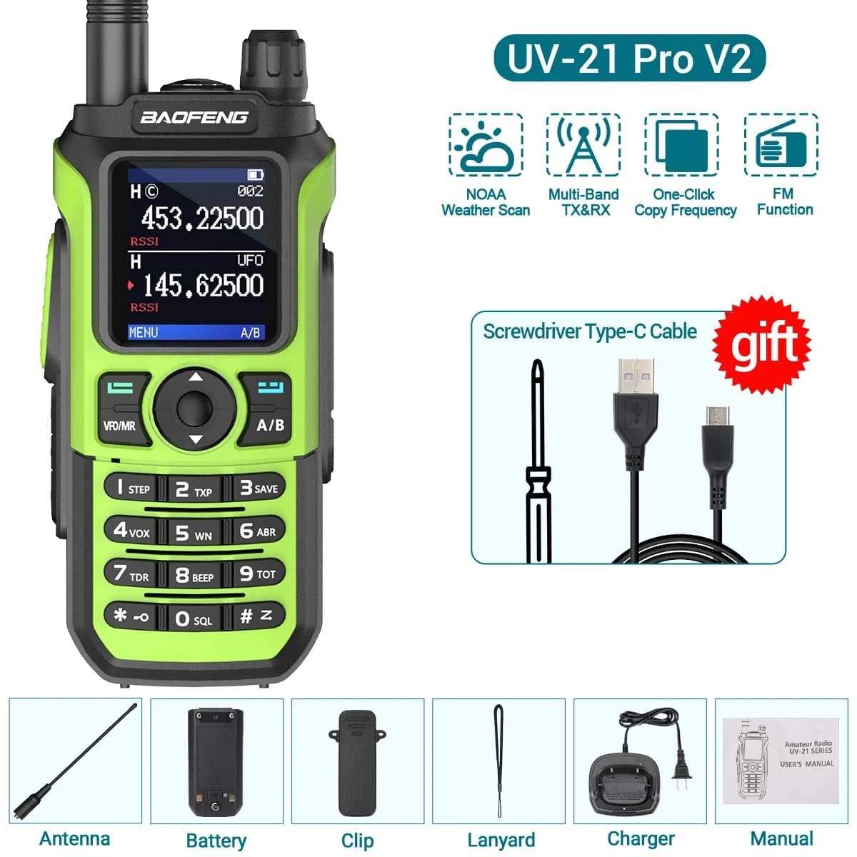 Baofeng Walkie Talkie UV-21 Pro V2 in Green with NOAA Weather Scan Feature