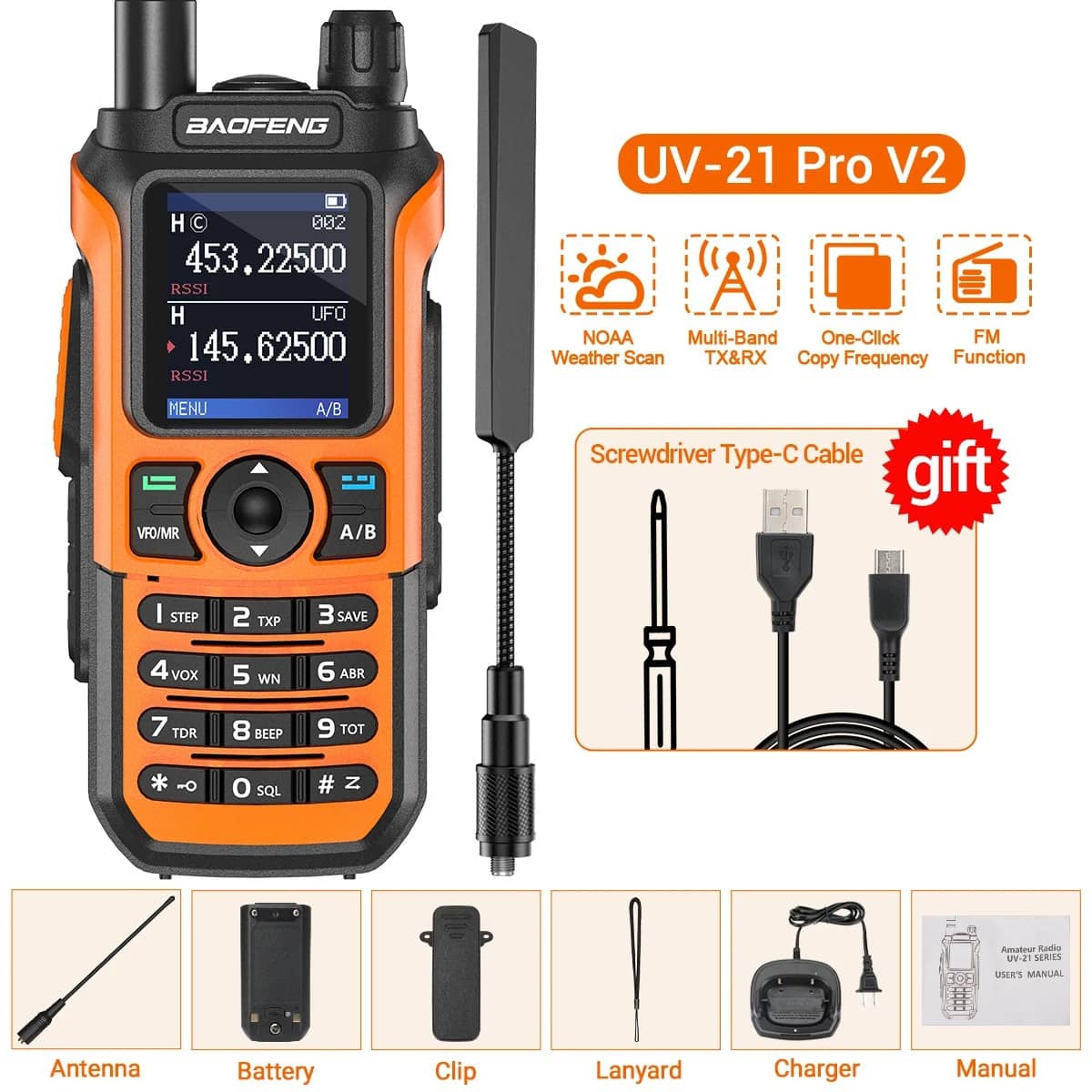 Baofeng Walkie Talkie in orange with NOAA weather scan feature
