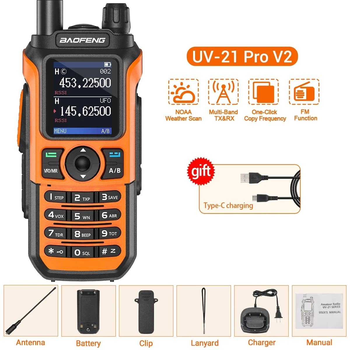 Baofeng Walkie Talkie UV-21 Pro V2 in orange with NOAA weather scan feature