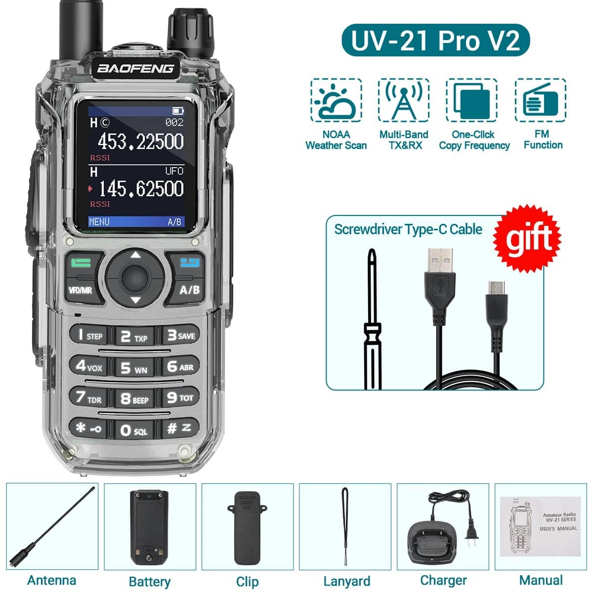 Baofeng Walkie Talkie UV-21 Pro V2 with NOAA Weather Scan and FM Function