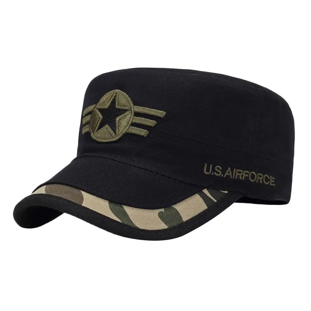 Black Baseball Military Cap with U.S. Airforce Logo and Camouflage Brim for Outdoor Activities