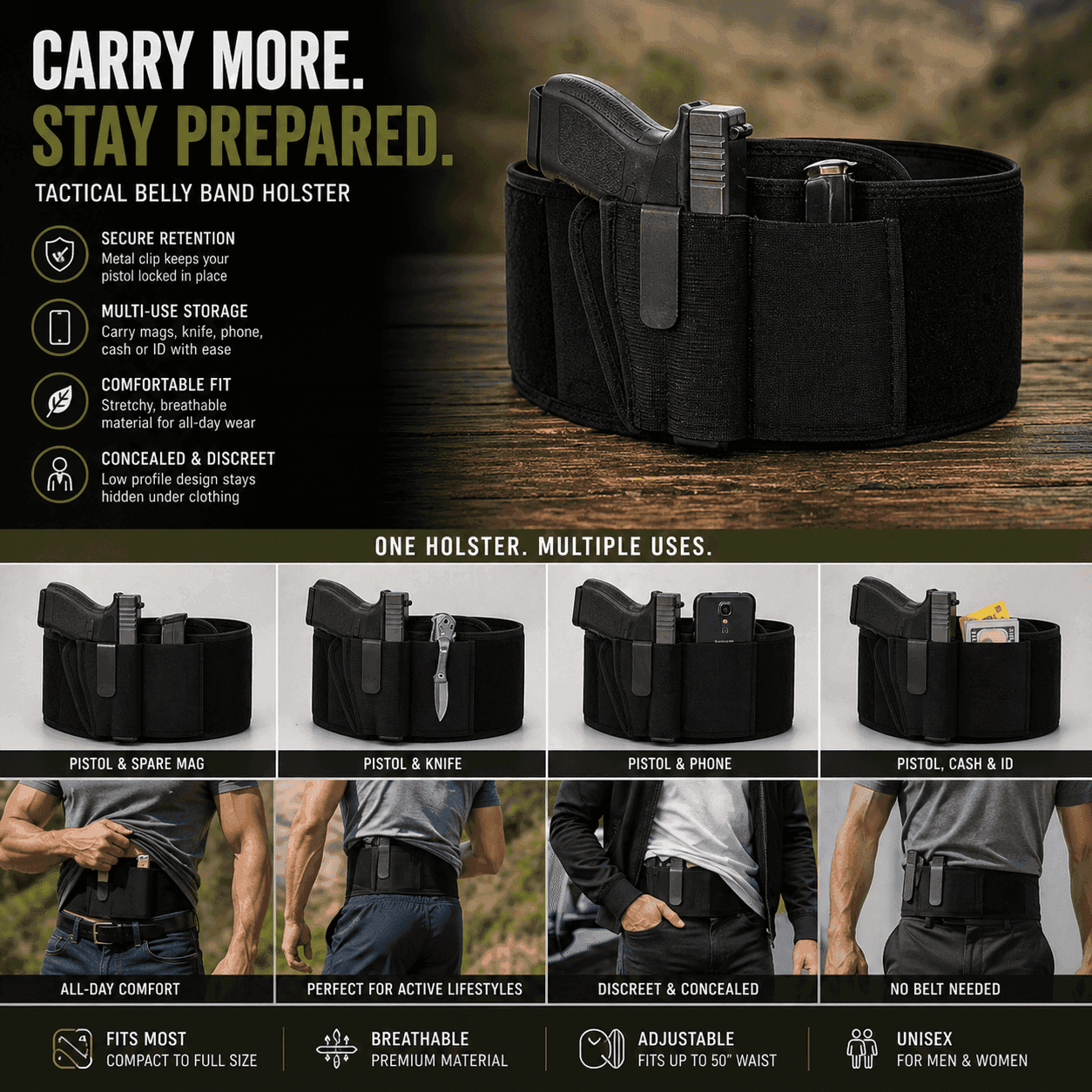 Tactical belly band pistol holster in black for concealed carry and multi-use storage