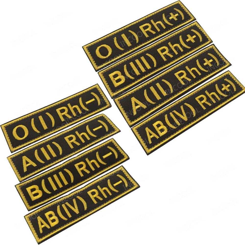 Blood group patch set featuring multiple blood types on black background