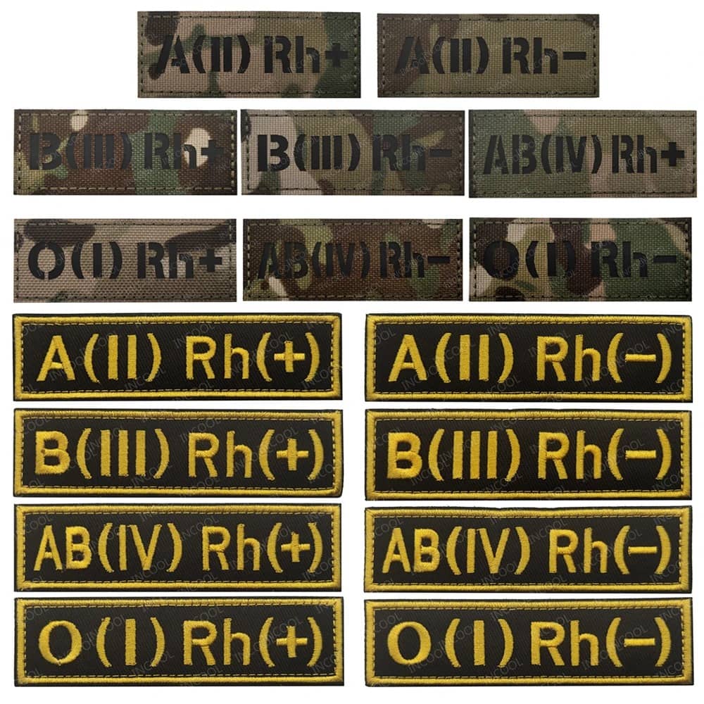 Blood group patch set in various designs for military uniforms
