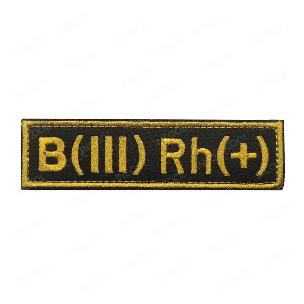 Blood group patch B III Rh plus in black and yellow for military uniforms