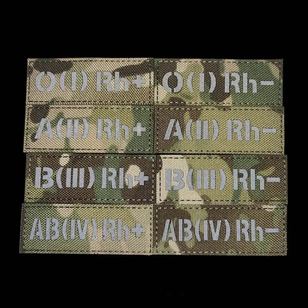 Camouflage blood group patch set with various blood types and Rh factor