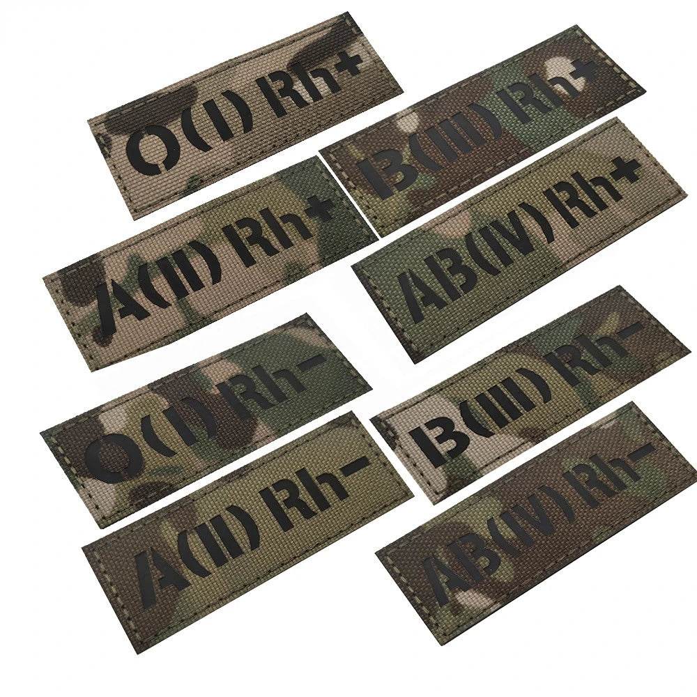 Collection of army blood group patches in camouflage for military identification