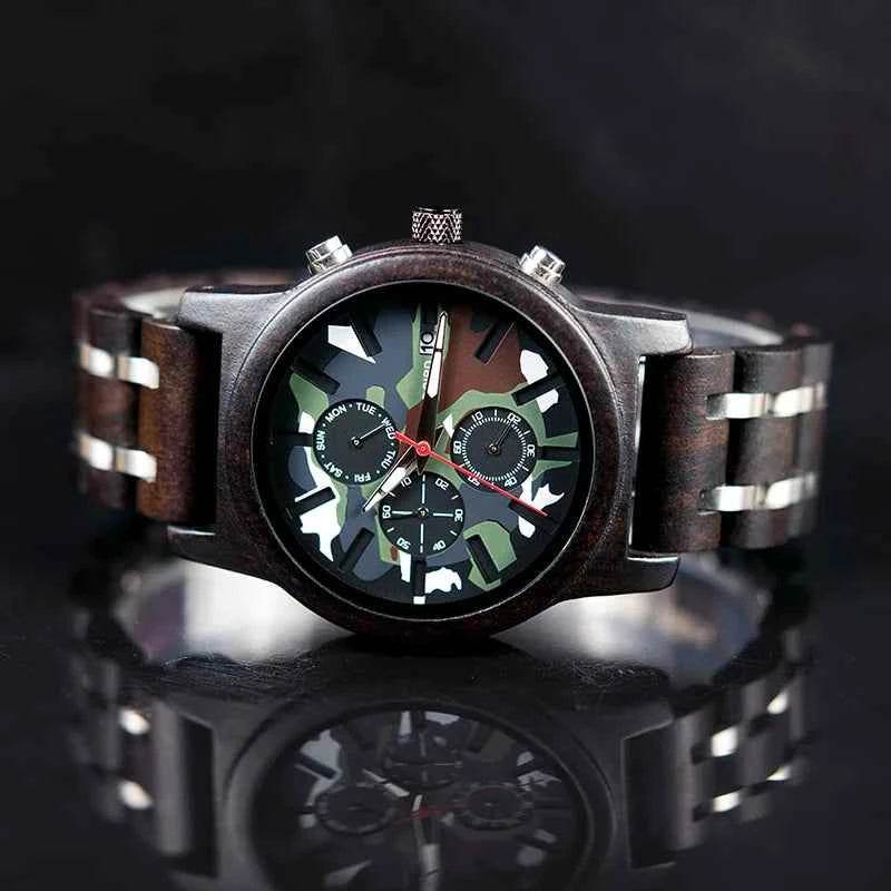 Wooden military watch with camouflage dial and sturdy wooden band for outdoor enthusiasts