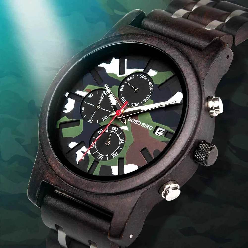 Wooden military watch with camo dial and chronograph features for outdoor enthusiasts