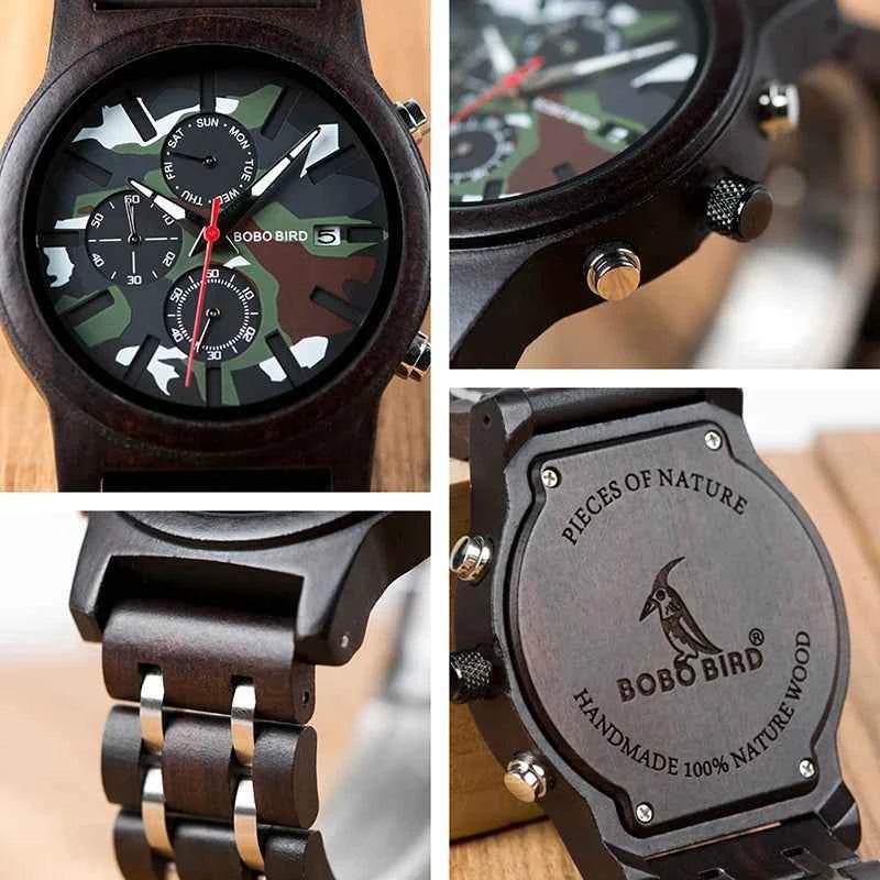 Wooden military watch with camouflage design and stainless steel accents for outdoor enthusiasts