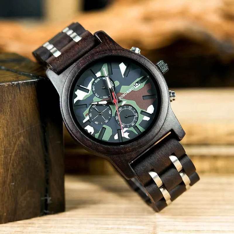Stylish wooden military watch featuring a camouflage dial and a durable wood bracelet