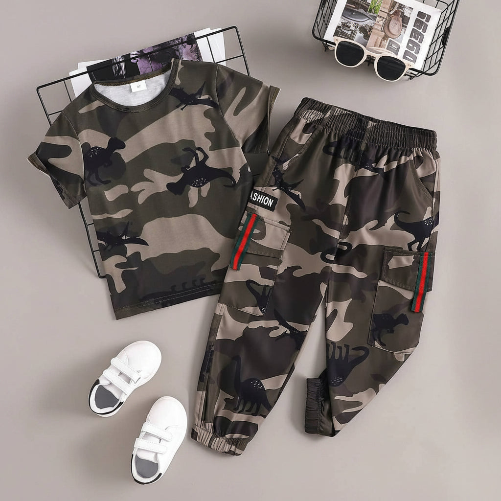 Boys camouflage clothing set in green with stylish design for active play