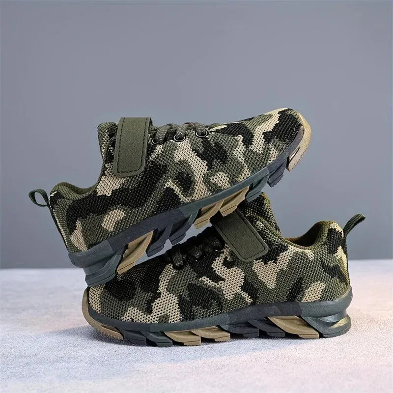 Boys camouflage sneakers in green for active play and outdoor adventures