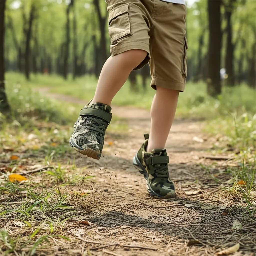 Boys camouflage sneakers in green with secure Velcro strap for active play