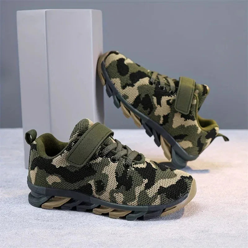 Boys camouflage sneakers in green for active outdoor play