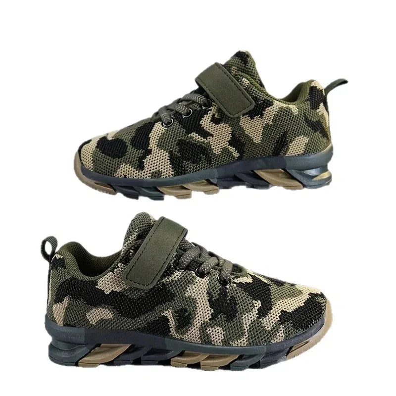 Boys camouflage sneakers in green and brown, ideal for outdoor play