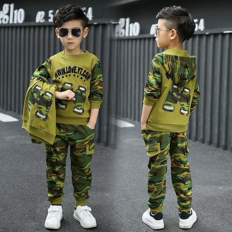 Cool boys camouflage tracksuit featuring a green top and camo pants, perfect for active play.