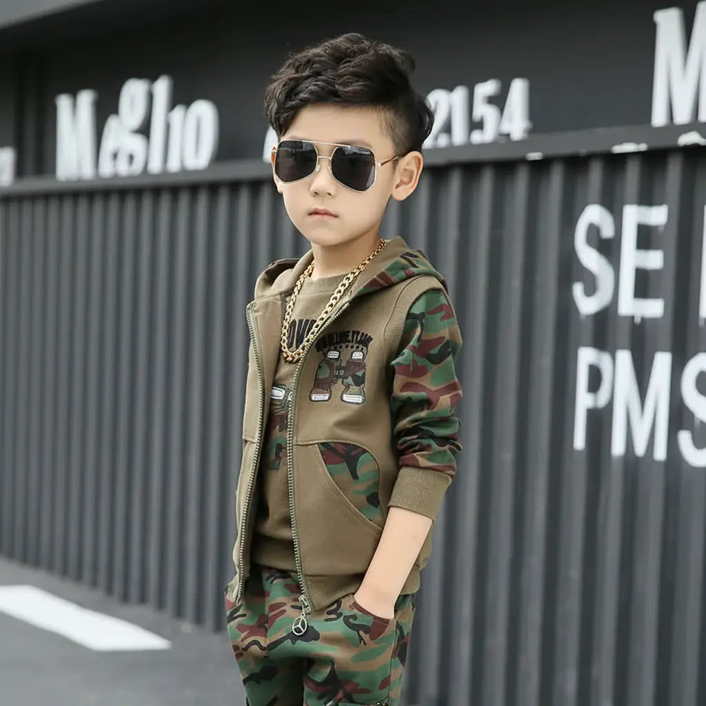 Boys camouflage tracksuit in green with trendy hoodie design