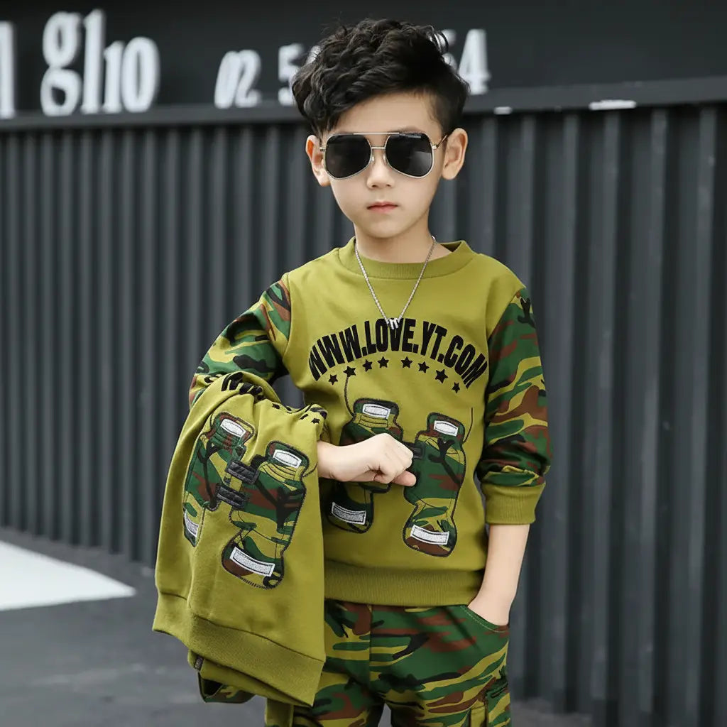 Boys camouflage tracksuit in green with fun graphic design for active play