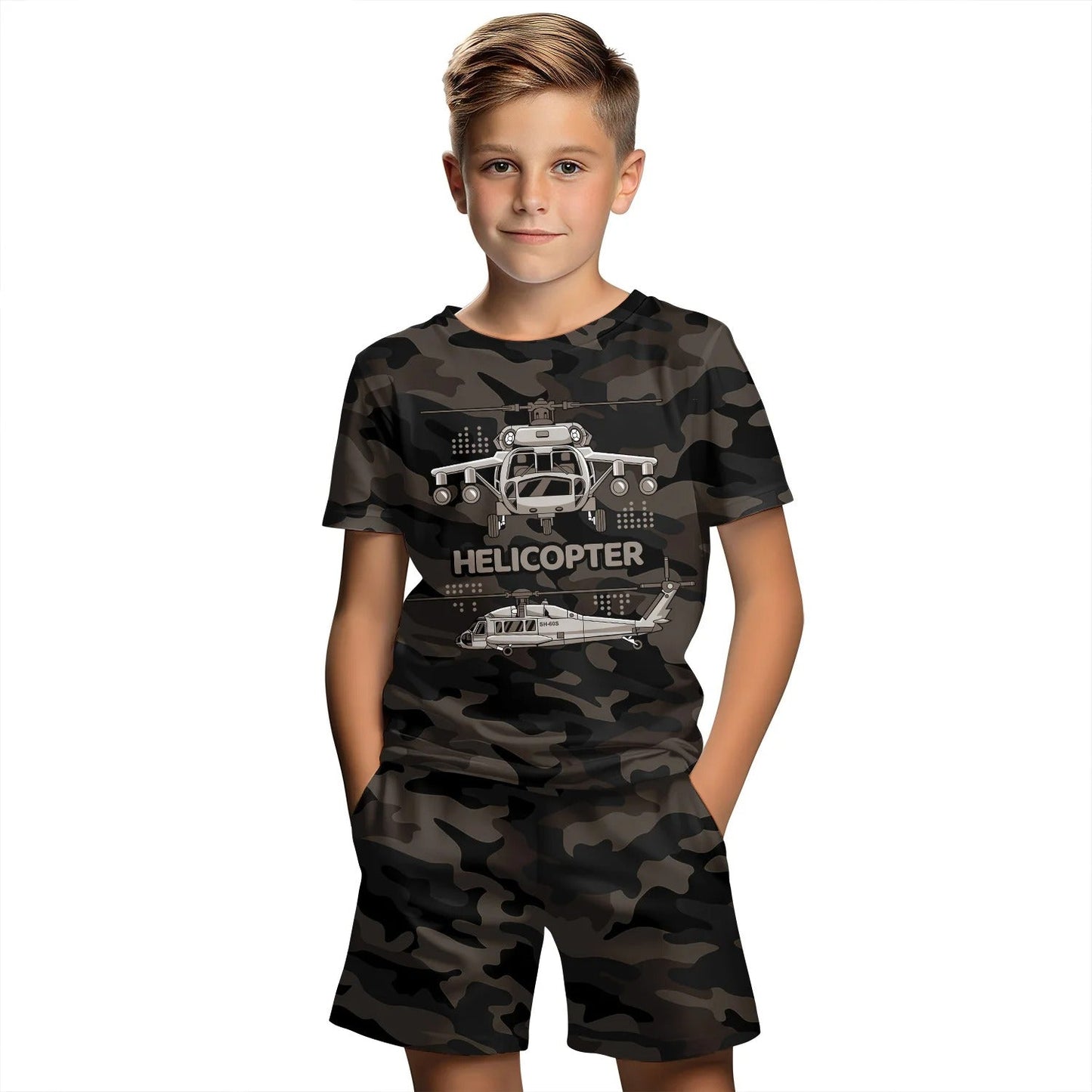 Boys summer camo set featuring a helicopter graphic on a comfortable t-shirt and shorts