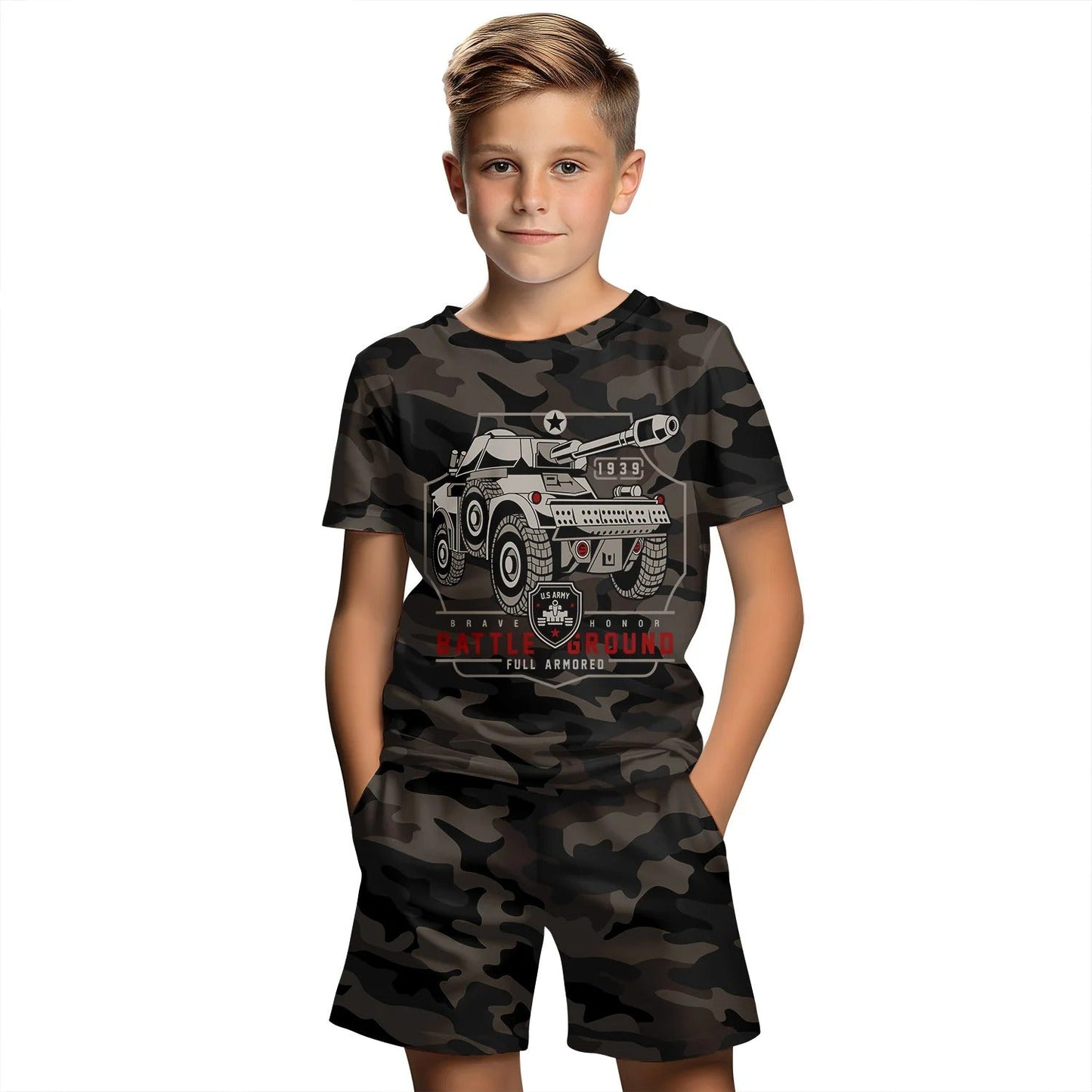 Boys summer camo set featuring a tank graphic t-shirt and matching shorts for outdoor play