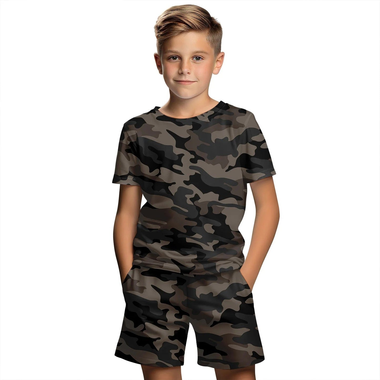 Boys summer camo set featuring a short sleeve shirt and shorts in dark camouflage pattern