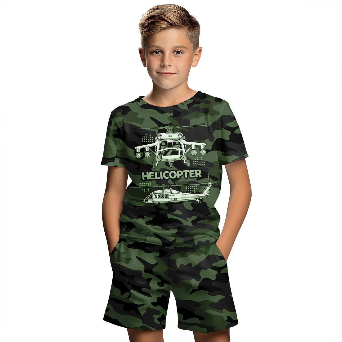 Boys summer camo set featuring a helicopter graphic t-shirt and matching shorts for outdoor fun