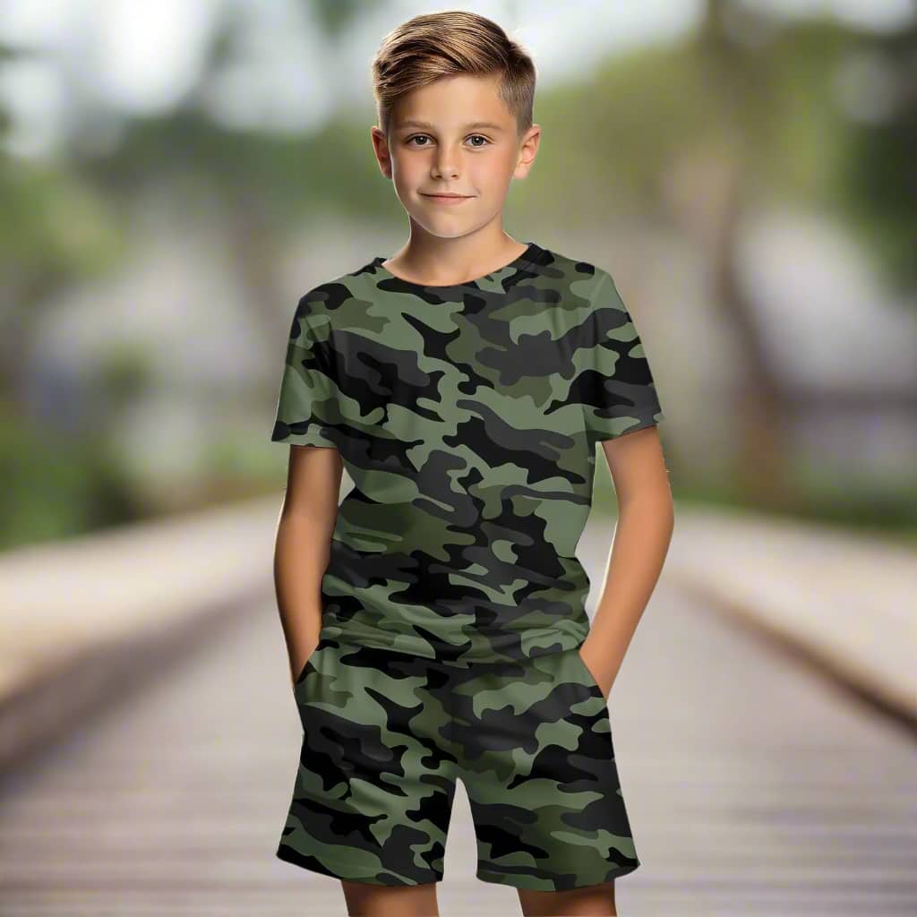Boys summer camo set perfect for outdoor play featuring a comfortable t-shirt and shorts