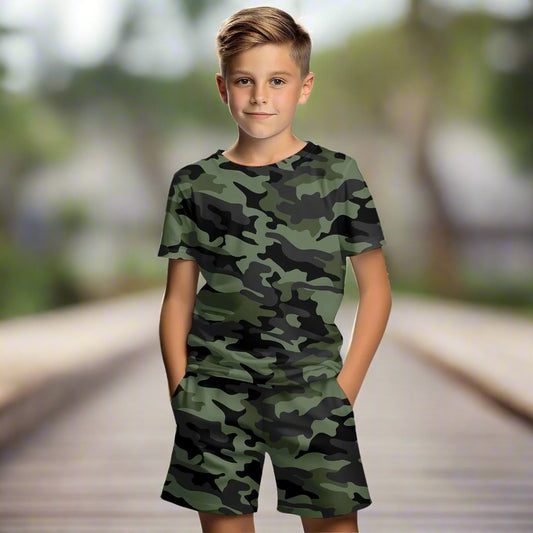 Boys summer camo set perfect for outdoor play featuring a comfortable t-shirt and shorts