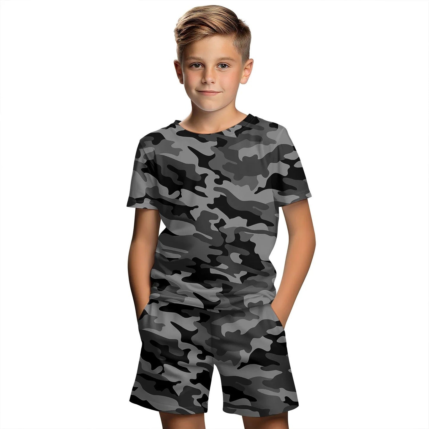 Boys summer camo set featuring a gray camouflage t-shirt and shorts for outdoor play