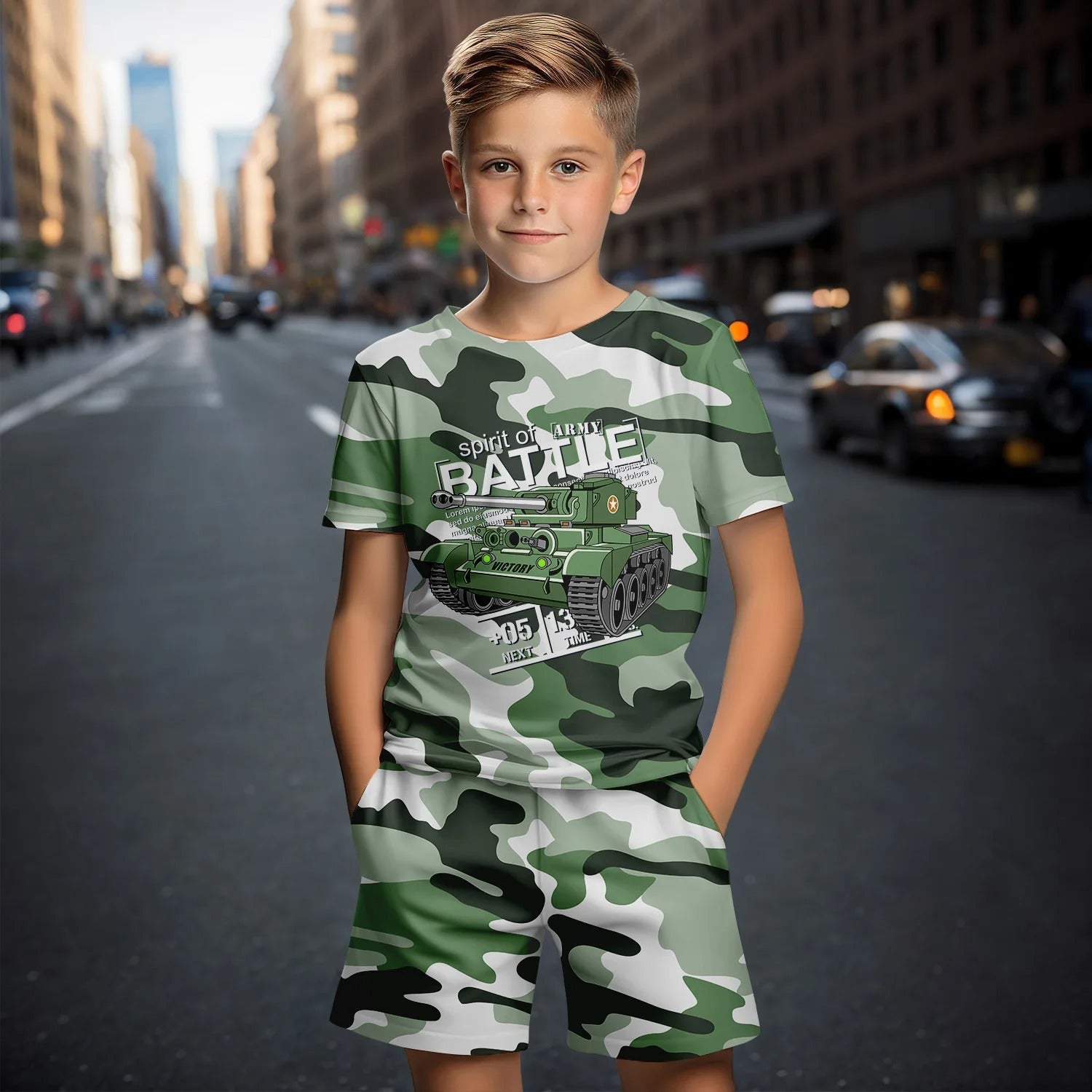 Boys summer camo set featuring tank graphic and comfortable shorts for outdoor play