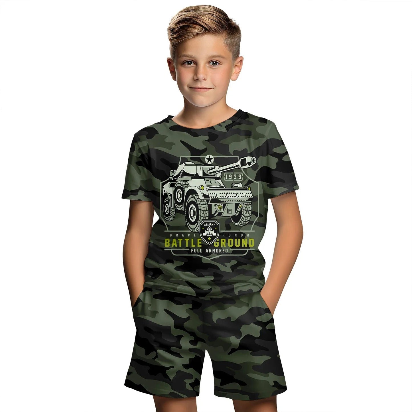 Boys summer camo set featuring a tank graphic t-shirt and matching shorts for active play