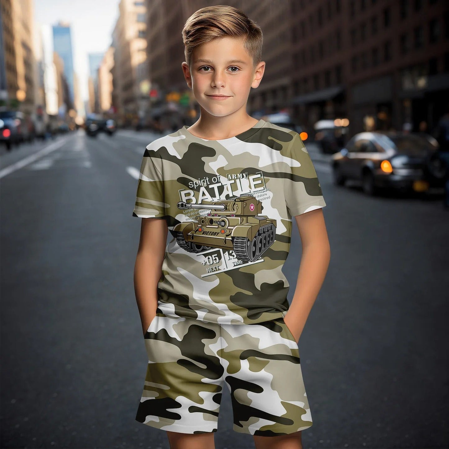Boys summer camo set featuring a tank graphic tee and shorts, perfect for outdoor play