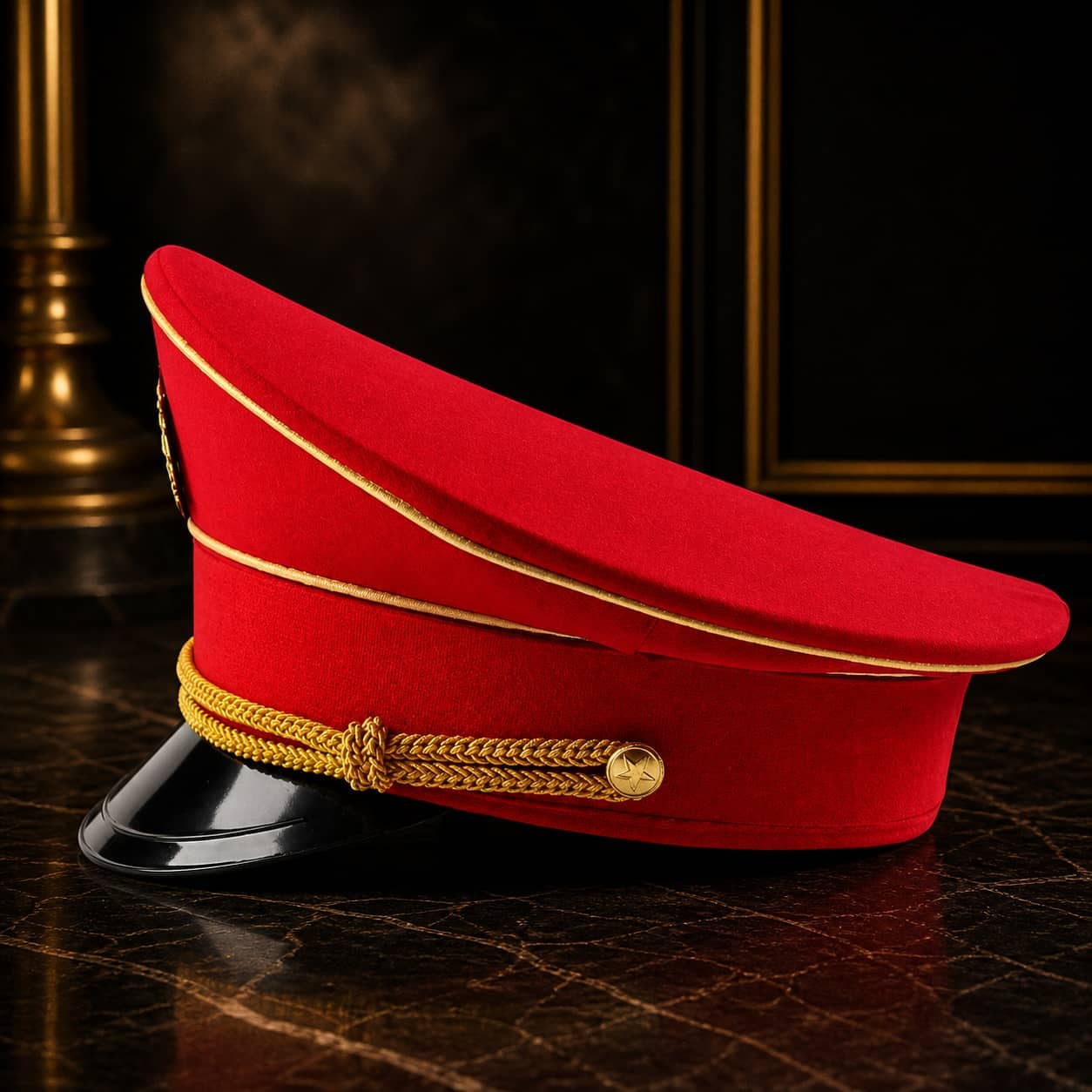 Red British military hat with decorative gold trim for ceremonial events