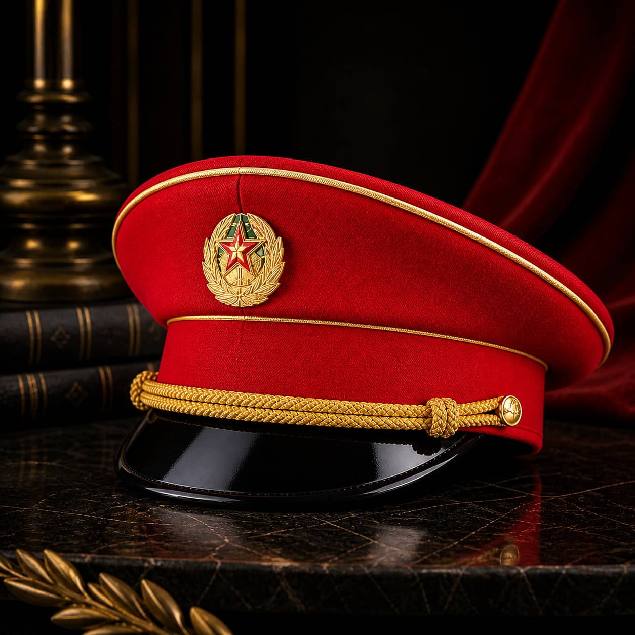 British military replica hat featuring gold detailing for theatrical use