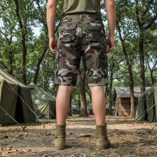 Back view of camo cotton shorts featuring multiple pockets and a durable design for outdoor activities