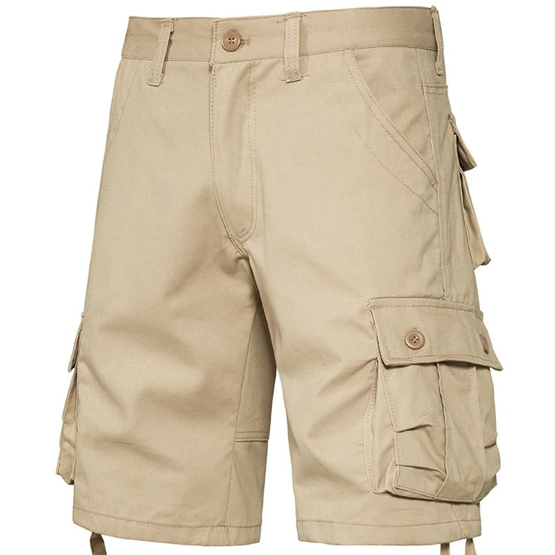 Khaki camo cotton shorts with multiple pockets for outdoor activities