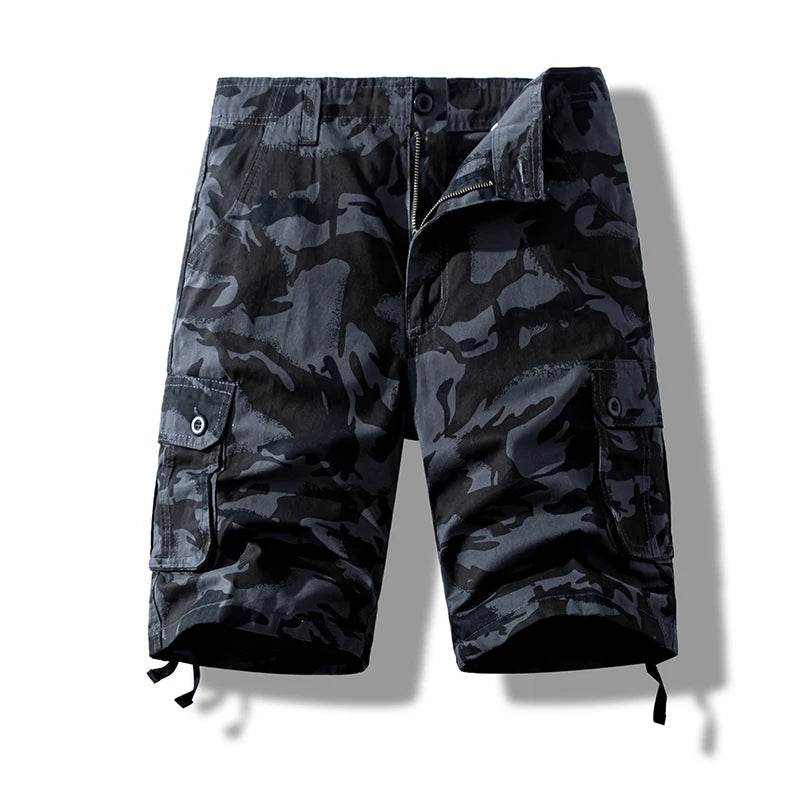 Men's camo cotton shorts in black camouflage pattern with cargo pockets for outdoor activities