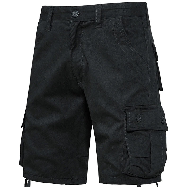 Black camo cotton shorts with multiple cargo pockets for outdoor activities