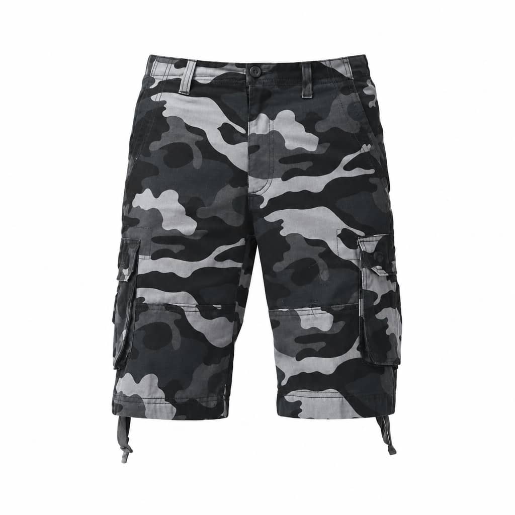 Camo cotton shorts in grey and black for outdoor adventures