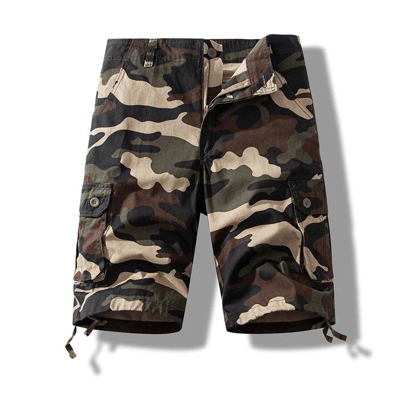Camo cotton shorts in classic camouflage pattern with side pockets for outdoor activities