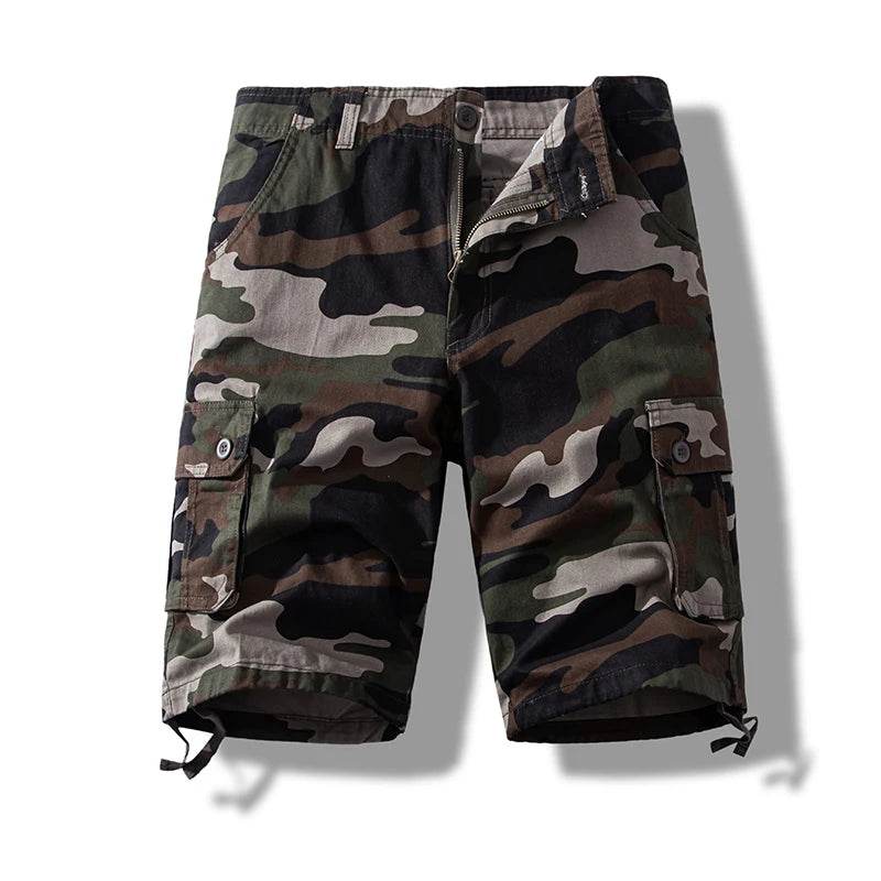 Camo cotton shorts with cargo pockets and adjustable hems for outdoor activities